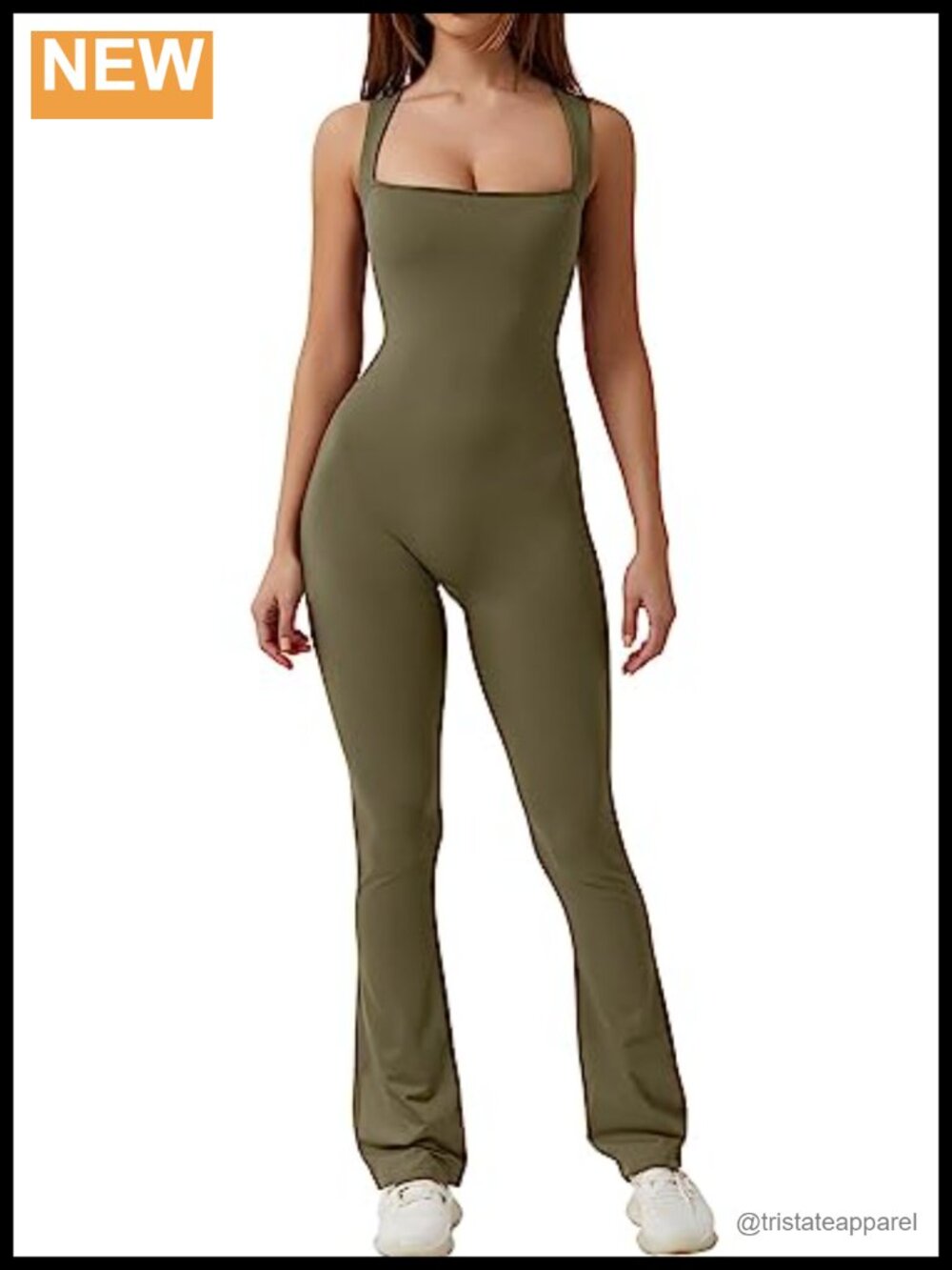 Sleeveless Square Neck Flare Leg Jumpsuit Stretch Unitard